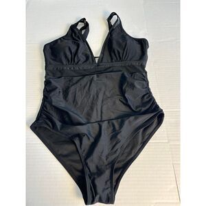 Classic Black One-Piece Swimsuit‎ mesh Ruched Detail Swimming Bathing Suit